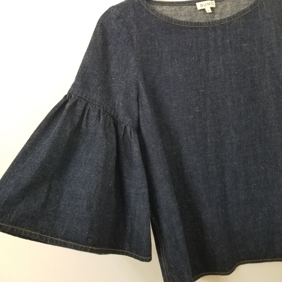 {4} SUNO Denim Trumpet Bell Flared Sleeve Top Gilt Group - Picture 4 of 8